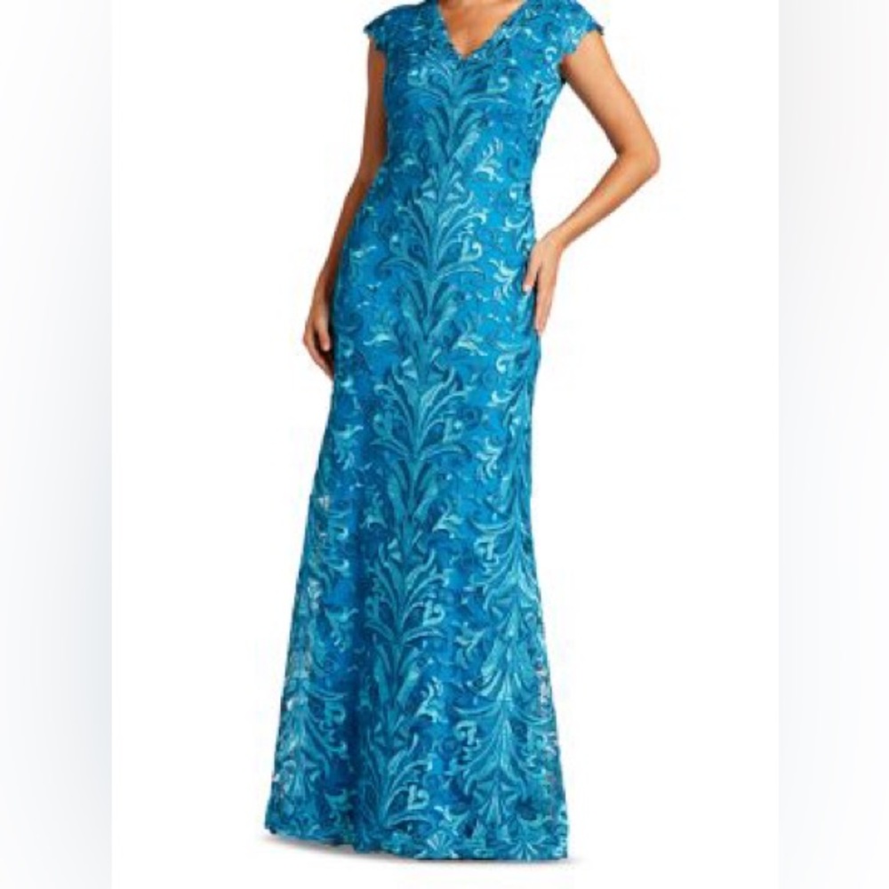 Tadashi Shoji Lace Embroidered Ocean Blue Floor-length Gown